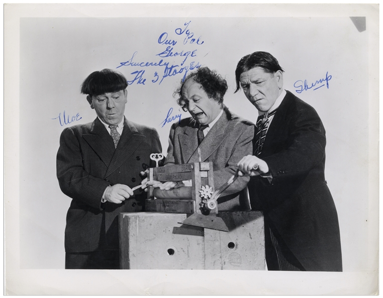 The Three Stooges Signed 10'' x 8'' Glossy Photo With Shemp, Circa Early 1950s -- Inscribed by Moe ''To Our Pal George'' -- Very Good Plus Condition